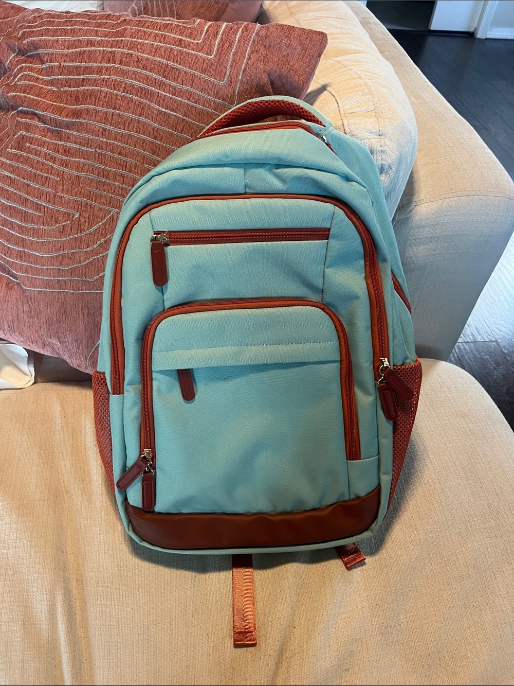 Men's Aqua Backpack with Brown Trim - Casual Everyday Pack